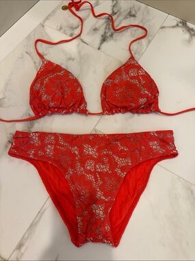 Luli Fama Red Lace Triangle Bikini Set